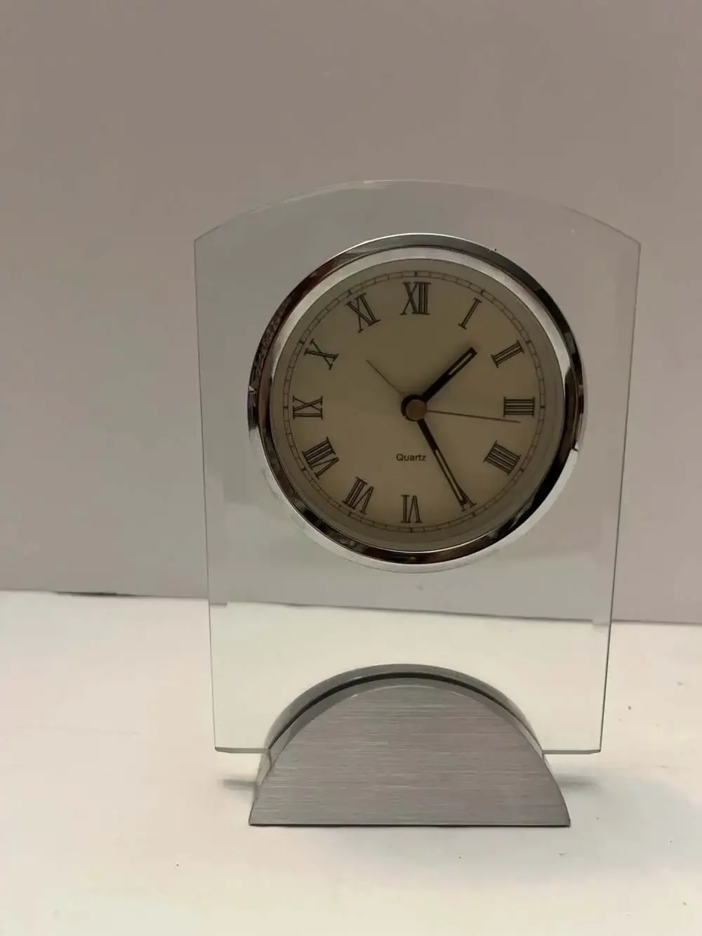 Arched Glass Desk Clock with Silver Tone Stand and Roman Numeral Dial